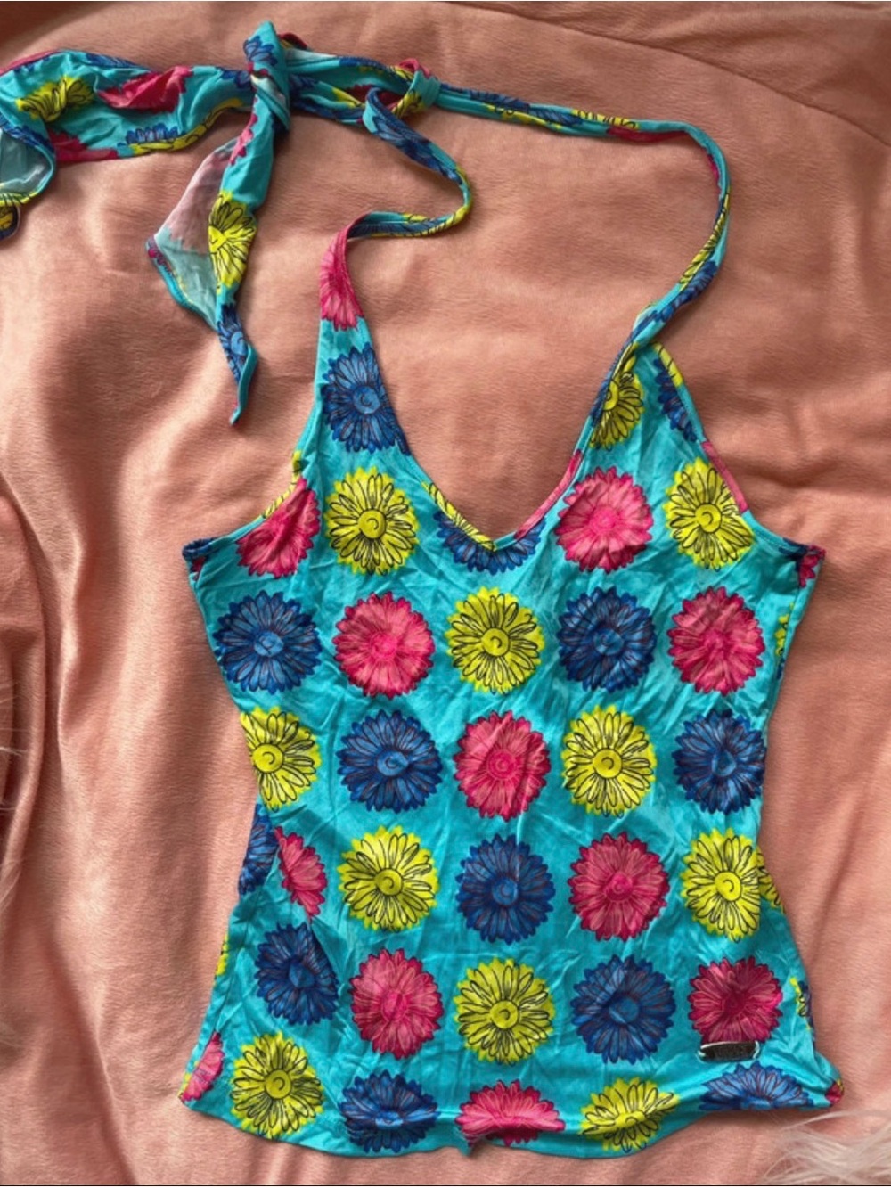 Versace Jeans Couture Y2K Daisy Print Halter Top S Made in Italy Rare